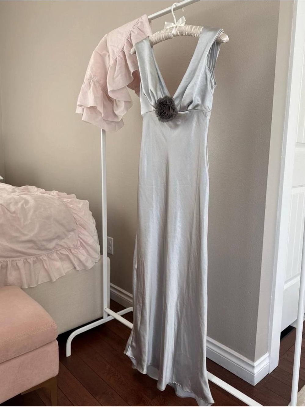Silver Satin V-Neck Maxi Dress with Floral Accent